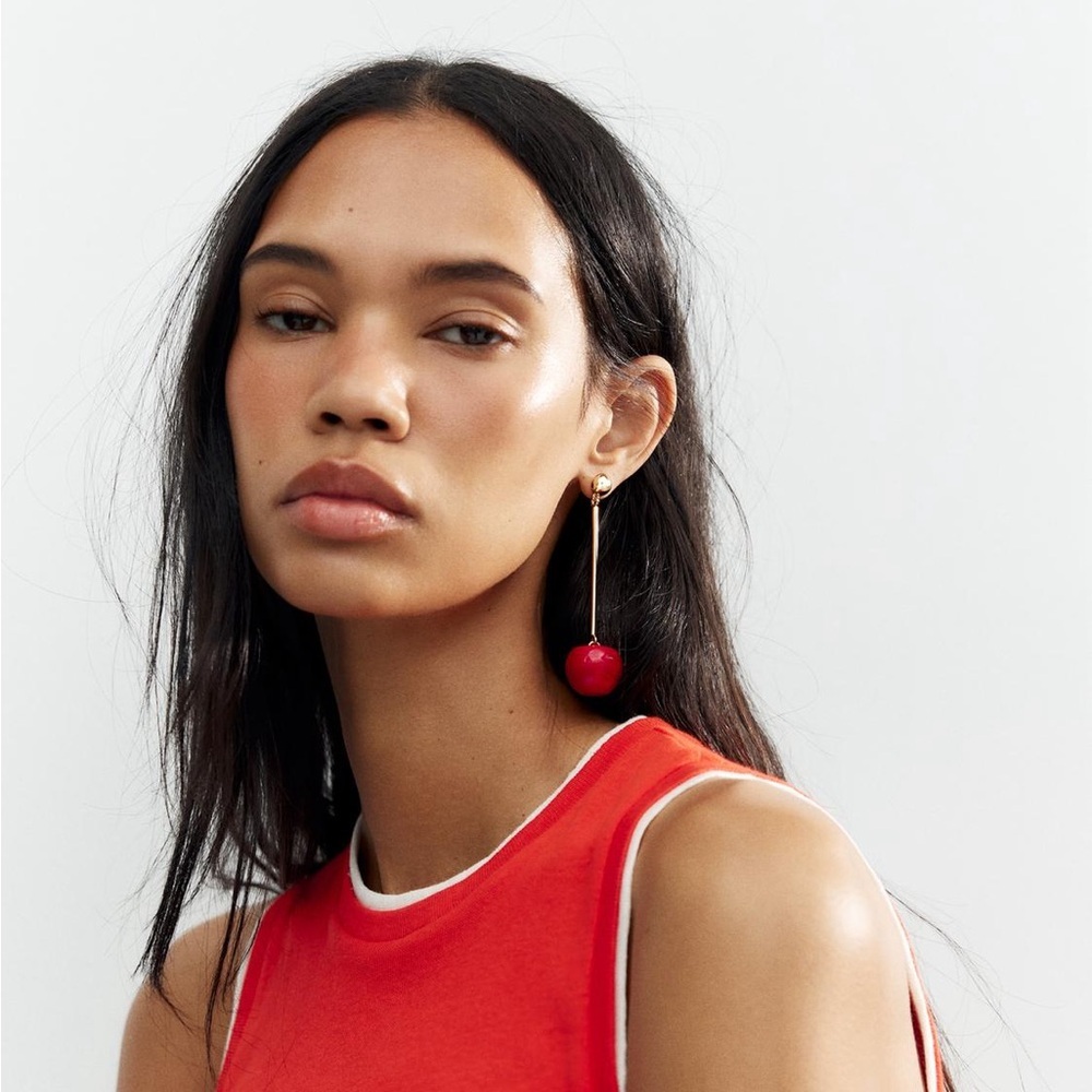 NWT. Zara Red Metal Cherry Earrings. - Picture 3 of 7